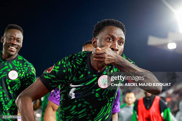 Nigeria's midfielder Wilfred Ndidi celebrates his goal during the Africa Cup of Nations Group C football match between Nigeria and Tunisia at Fez...