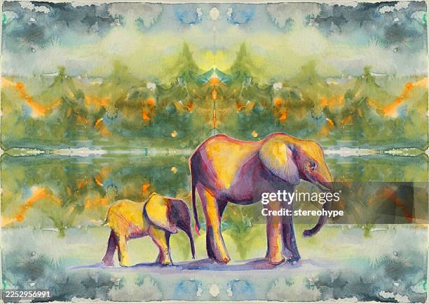 elephatns at the water - elephant calf stock illustrations