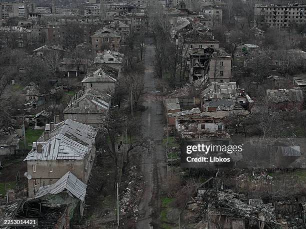 In this aerial view, the heavily damaged city of Kostiantynivka in Donetsk region is seen, where no intact buildings remain, reflecting the scale of...