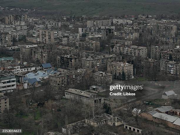 In this aerial view, the heavily damaged city of Kostiantynivka in Donetsk region is seen, where no intact buildings remain, reflecting the scale of...