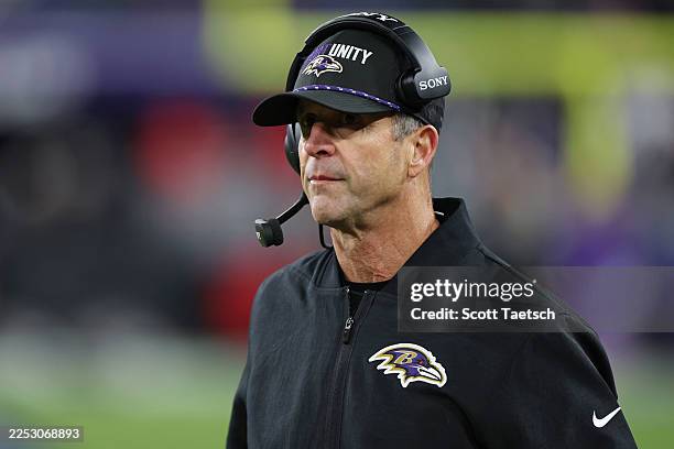 Head coach John Harbaugh of the Baltimore Ravens looks on during the fourth quarter against the New England Patriots at M&T Bank Stadium on December...
