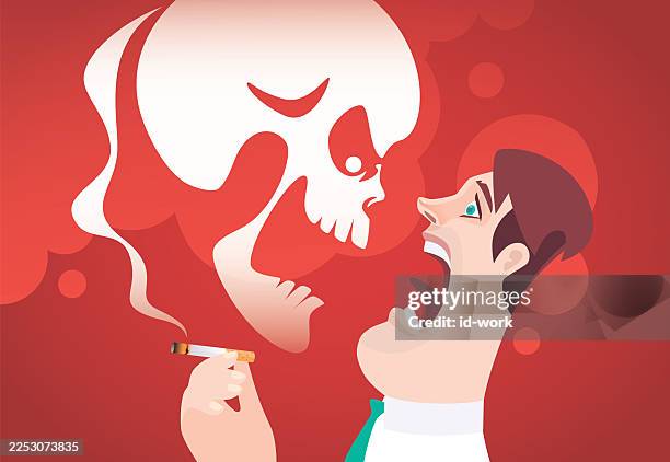 man holding cigarette but shocking while finding skull smoke - obsessive compulsive stock illustrations