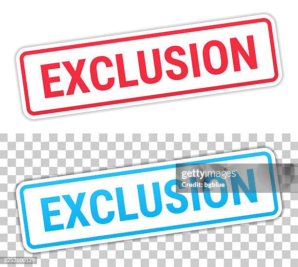 exclusion - red and blue labels on blank background - eviction stock illustrations