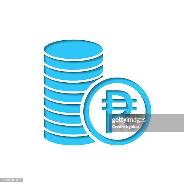 peso coins stack. icon cut out on white paper with blue background - heap filter stock illustrations