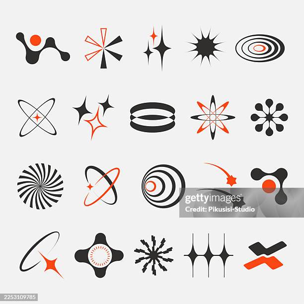 ilustraciones, imágenes clip art, dibujos animados e iconos de stock de conjunto de elementos de formas geométricas abstractas futuristas del y2k, iconos modernos del y2k y símbolos tecnológicos abstractos sobre fondo de luz - chispas