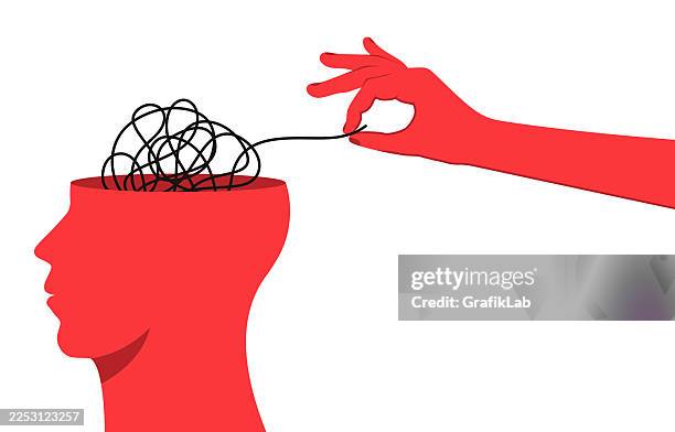 helfende hand, komplexe gedankenknoten im menschlichen geist und psychologische unterstützungskonzepte zu entwirren - verheddert stock-grafiken, -clipart, -cartoons und -symbole