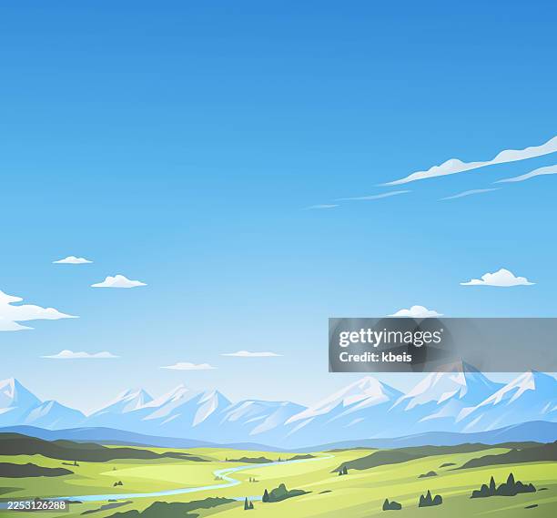 idyllic landscape with river and mountains - alpine stock illustrations