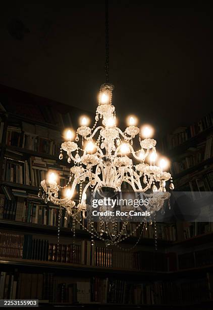 crystal chandelier illuminating antique library bookshelf creating elegant scholarly atmosphere - chandelier fotografías e imágenes de stock