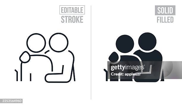 family member with their arm around another family member in a wheelchair - editable stroke and solid icons - hospice stock illustrations