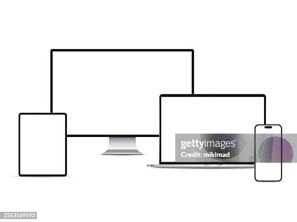 realistic vector mockup digital tablet, mobile phone, smart phone, laptop and computer monitor. ui / ux design. vector illustration, modern digital devise, digital template. stock illustration. eps 10. - iphone isolated angle stock illustrations