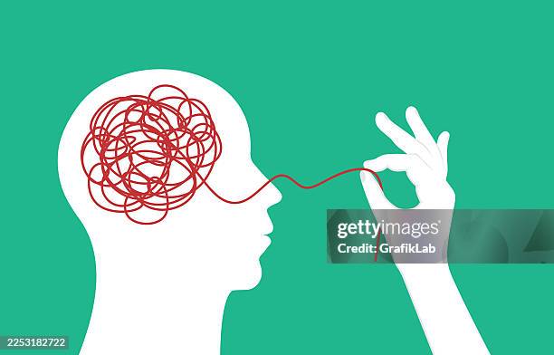 minimalist illustration depicting mental struggles with abstract brain and red thread - self reflection stock illustrations