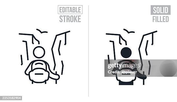 backpacker standing at mouth of canyon - editable stroke and solid icons - man climbing mountain clip art stock illustrations