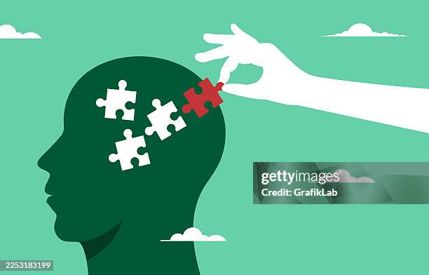 red puzzle piece added to mind and complementary solution strategy - jigsaw head stock illustrations