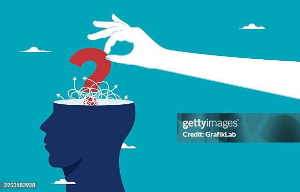 thought and problem-solving process placing the question mark - untangle concept stock illustrations