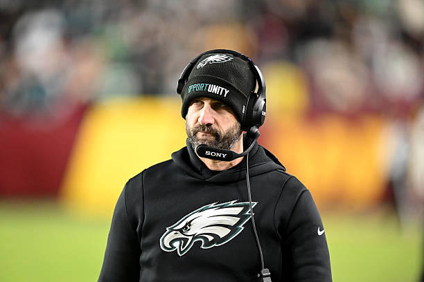 Head coach Nick Sirianni of the Philadelphia Eagles watches the game against the Washington Commanders at Northwest Stadium on December 20, 2025 in...