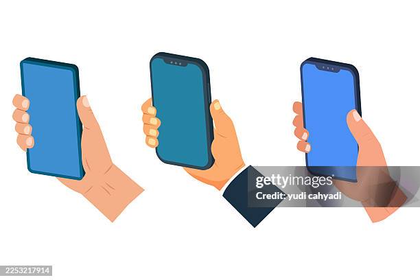 hands holding smartphone set, mobile phone mockup in flat design vector illustration - holding blank iphone stock illustrations