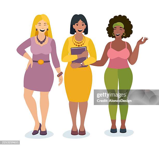 three multicultural women together vector illustration. - different ages stock illustrations