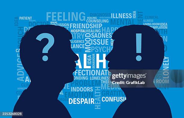 two human silhouettes with question and exclamation marks facing each other amidst mental health words on blue background - empathy word cloud stock illustrations
