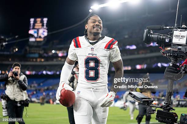 Stefon Diggs of the New England Patriots reacts following an NFL football game against the Baltimore Ravens at M&T Bank Stadium on December 21, 2025...