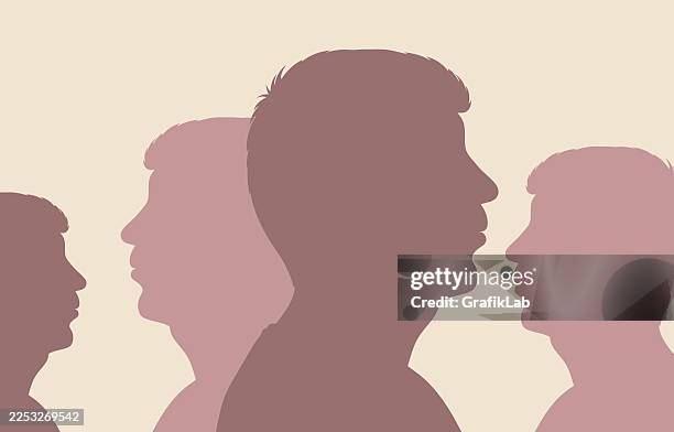 silhouette profiles of diverse male figures facing different directions - mindset stock illustrations