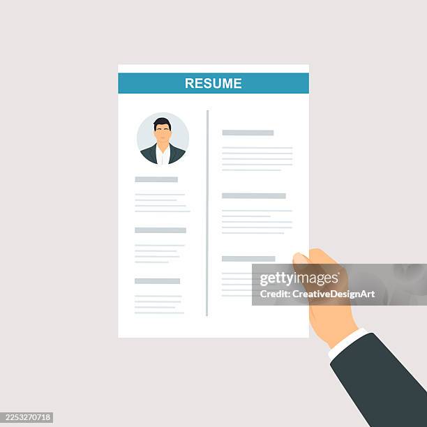 hand holding a resume document of a male candidate. job application, recruitment, and employment concept - cv stock illustrations