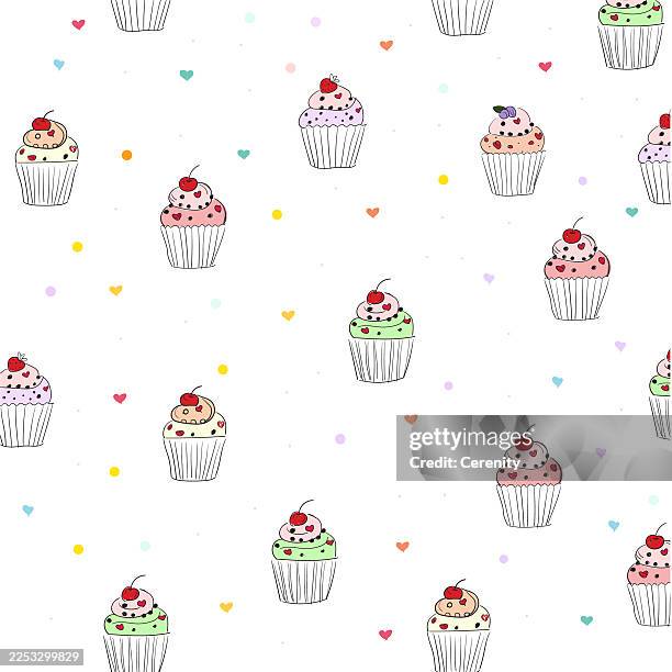 cute cupcake seamless pattern with cherries and pastel sprinkles - doodle background chocolate stock illustrations