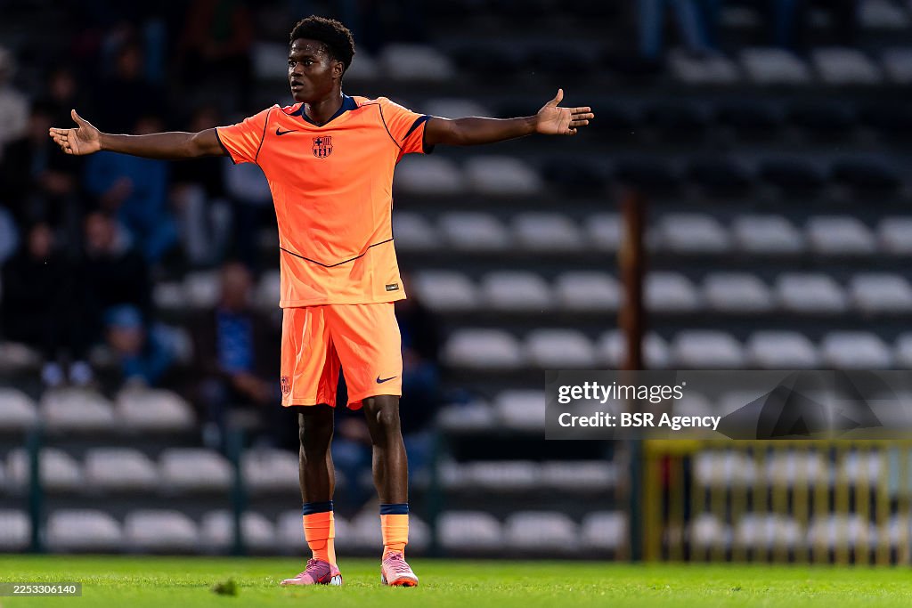 Baba Kourouma Of FC Barcelona Reacts During The UEFA Youth League baba-kourouma-of-fc-barcelona-reacts-during-the-uefa-youth-league