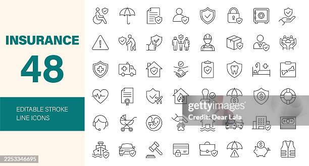 ilustraciones, imágenes clip art, dibujos animados e iconos de stock de conjunto de iconos de seguro y aseguramiento. iconos de línea editables. ilustración vectorial. - cubiertos