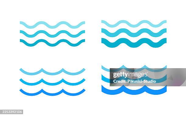 blue water wave icon set with layered line patterns, minimal ocean wave symbols in gradient blue tones - wind stream stock illustrations