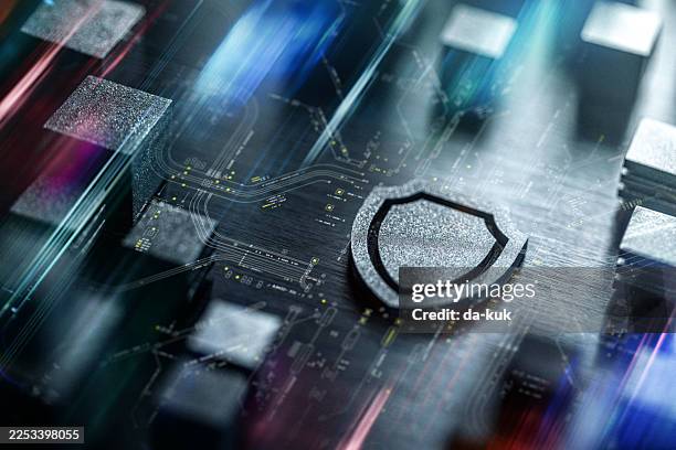cybersecurity shield icon on microchip circuit board highlighting digital protection and data security - software security stock pictures, royalty-free photos & images