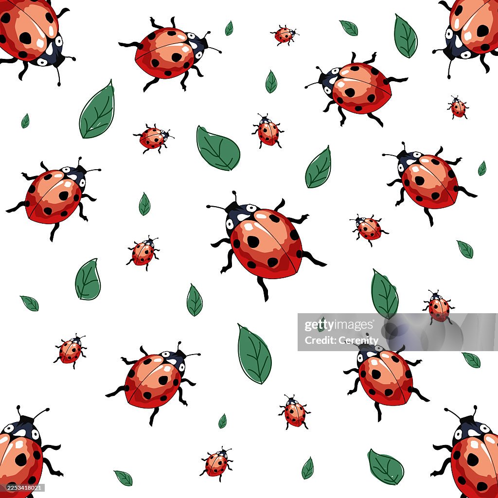 Seamless Ladybug and Leaf Pattern on White Background