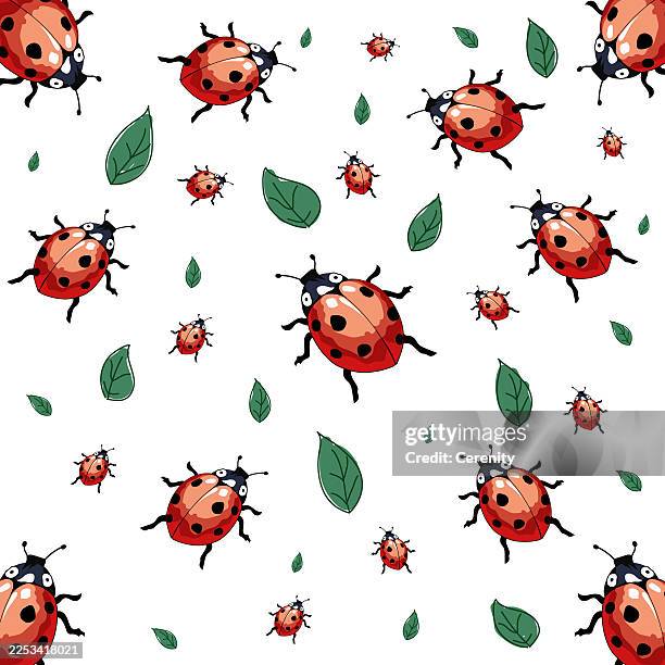 seamless ladybug and leaf pattern on white background - seven spot ladybird stock illustrations