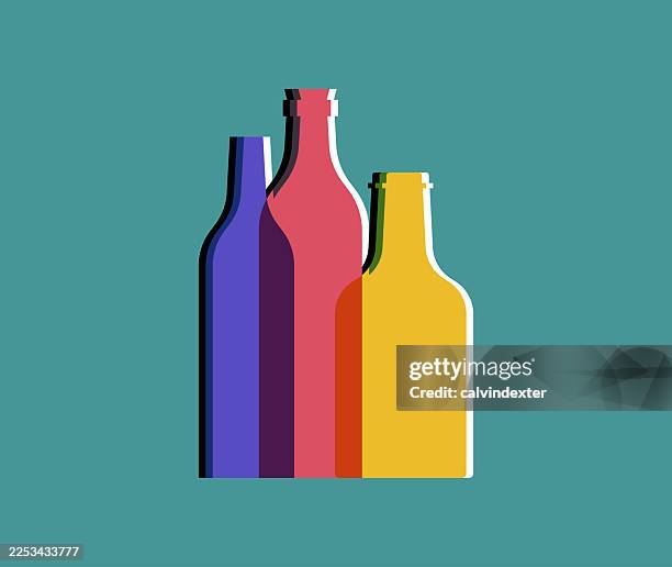 glass bottles risograph illustration style - prosecco stock illustrations