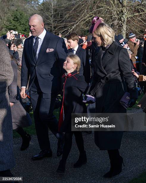 Mike Tindall, Lena Tindall and Zara Tindall attend the Christmas Morning Service at Sandringham Church on December 25, 2025 in Sandringham, Norfolk.