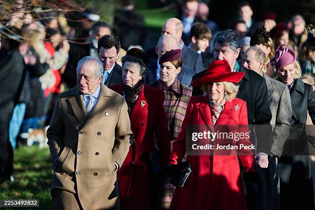 King Charles III, Princess Anne, Princess Royal, Princess Eugenie of York and Queen Camilla attend the Christmas Morning Service at Sandringham...