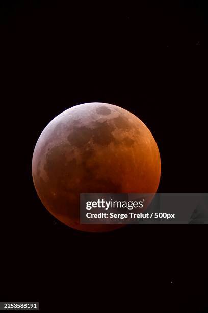 a stunning low angle view of the blood moon during a total lunar eclipse against a clear night sky, showcasing its dramatic red and orange hues - lunar eclipse stock pictures, royalty-free photos & images