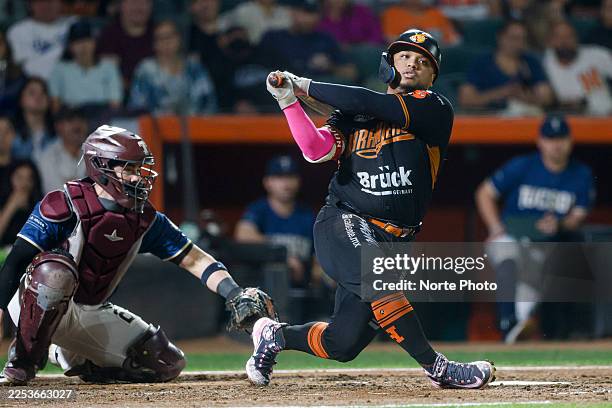 Willie Calhoun of the Naranjeros de Hermosillo at bat in the third inning during the Liga Mexicana del Pacifico game between Naranjeros de Hermosillo...