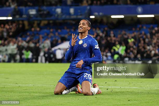 Joao Pedro of Chelsea celebrates scoring his team's first goal during the Premier League match between Chelsea and Aston Villa at Stamford Bridge on...