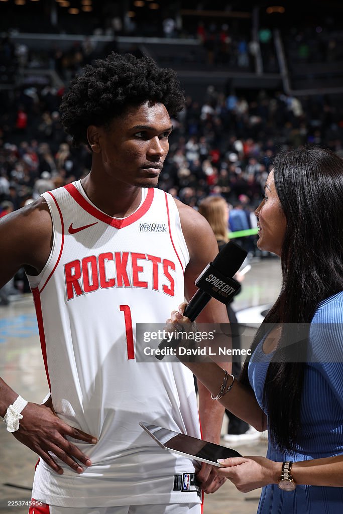 Houston Rockets Thompson Amen Thompson of the Houston Rockets talks to the media after the ...