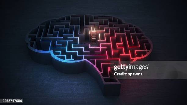 brain maze with glowing ladder symbolizing problem solving and breakthrough - brain maze stock pictures, royalty-free photos & images