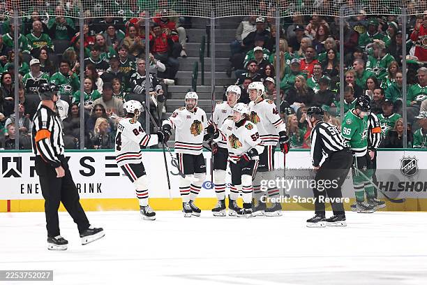 Tyler Bertuzzi of the Chicago Blackhawks celebrates a goal against the Dallas Stars during the first period at American Airlines Center on December...
