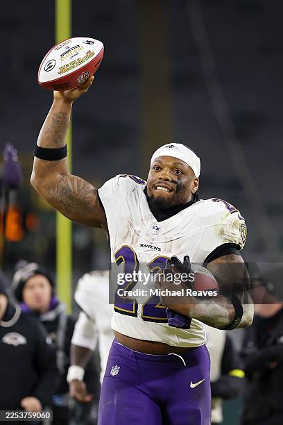 Derrick Henry of the Baltimore Ravens celebrates after beating the Green Bay Packers 41-24 at Lambeau Field on December 27, 2025 in Green Bay,...