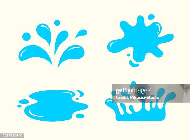 water splash and droplet elements on light background, flat blue liquid splash shapes collection illustration - spray stock illustrations