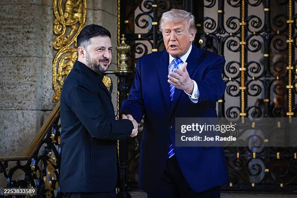President Donald Trump greets Ukrainian President Volodymyr Zelensky at his Mar-a-Lago club on December 28, 2025 in Palm Beach, Florida. Trump...