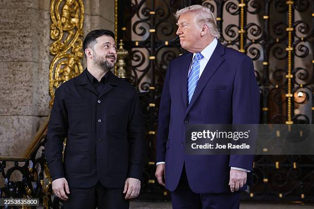 President Donald Trump greets Ukrainian President Volodymyr Zelensky at his Mar-a-Lago club on December 28, 2025 in Palm Beach, Florida. Trump...