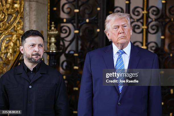 President Donald Trump greets Ukrainian President Volodymyr Zelensky at his Mar-a-Lago club on December 28, 2025 in Palm Beach, Florida. Trump...