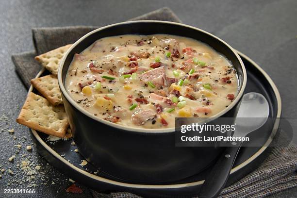 ham corn and potato chowder - corn chowder stock pictures, royalty-free photos & images