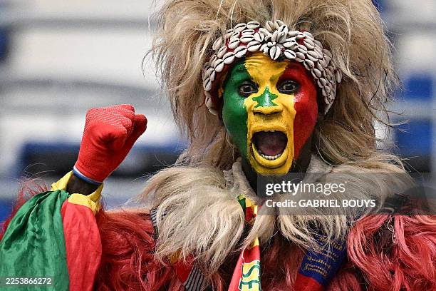 Senegal supporter cheers before the Africa Cup of Nations round of 16 football match between Senegal and Sudan at Grand Stadium in Tangiers on...