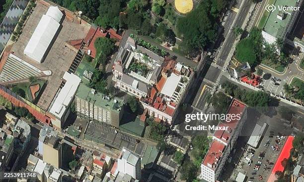 Vantor satellite image shows an overhead view of Palacio Miraflores and surrounding urban area in Caracas. Please use: Satellite image 2026 Vantor.