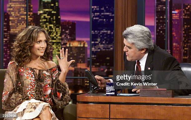 Jennifer Lopez shows off her wedding ring on "The Tonight Show with Jay Leno" at the NBC Studios in Los Angeles, Ca. Monday, November 19, 2001. Photo...